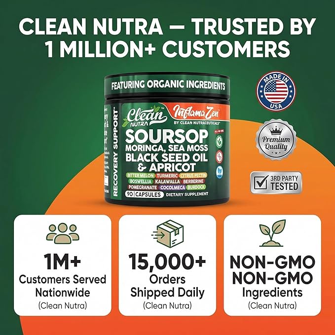 Clean Nutra Soursop Supplement Moringa Sea Moss Black Seed Oil Berberine Turmeric Resveratrol Quercetin Greens Bitters Boswellia Bitter Melon Burdock Root Antioxidant Support 90 Capsules