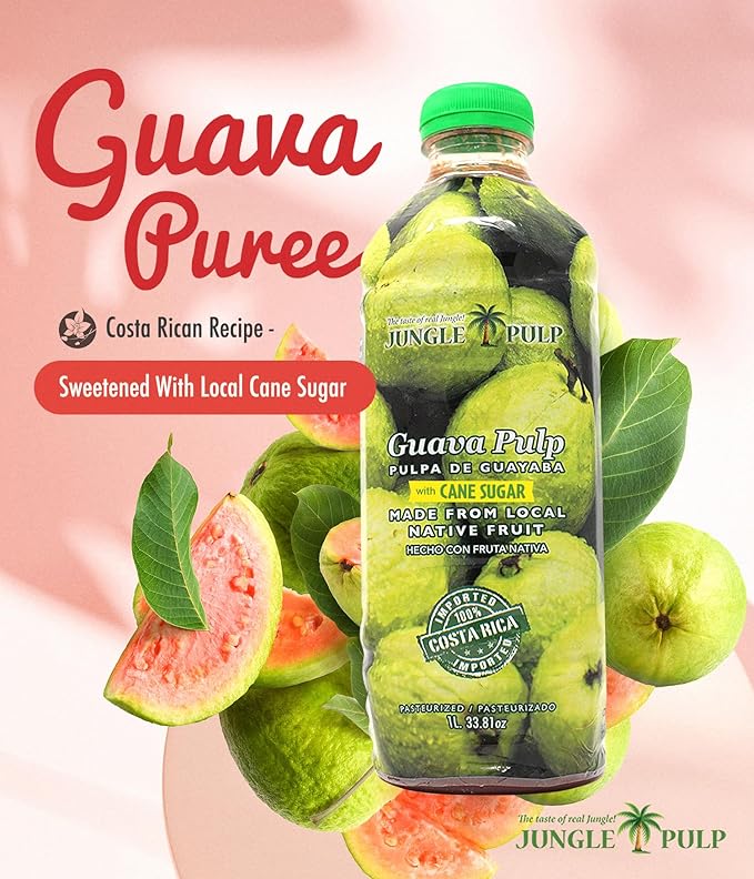 Jungle Pulp GUAVA Puree Costa Rica Blend Topping Flavoring Better than Syrup for Desserts Smoothies Margaritas Cocktails Juice and Shakes. 33.81 oz/ 1 Liter.