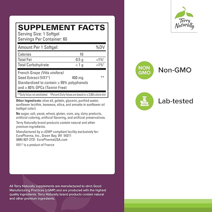 Terry Naturally Clinical OPC Extra Strength - Healthy Heart &amp Artery Support - Aids Brain Health &amp Function for Focus and Concentration - Offers Antioxidant Activity - 400 mg 90 Softgels