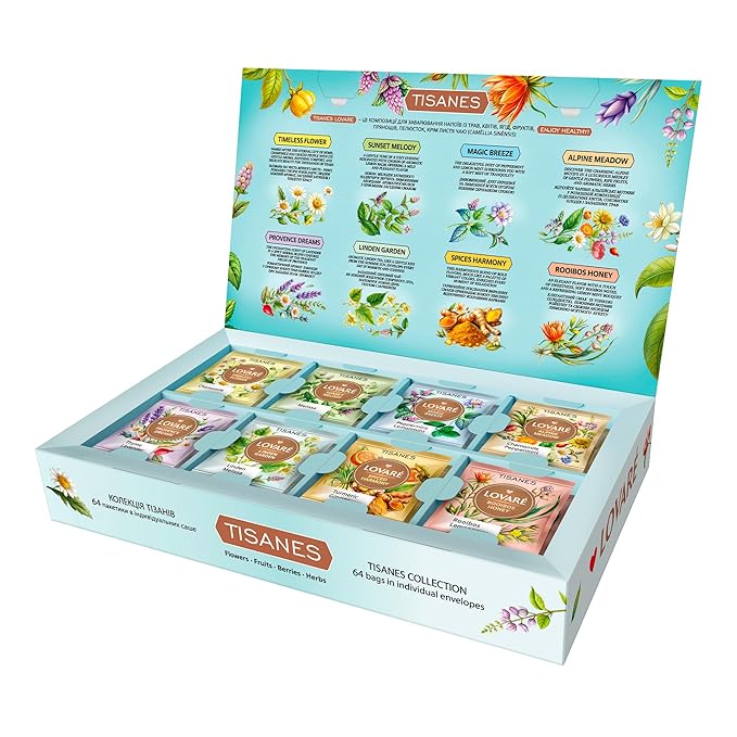 Lovare Herbal Tea Collection – 64 Herbal Tea Bags Assortment | 8 Flavors | Caffeine-Free | Gift Box for Relaxation Wellness Moments Tea set