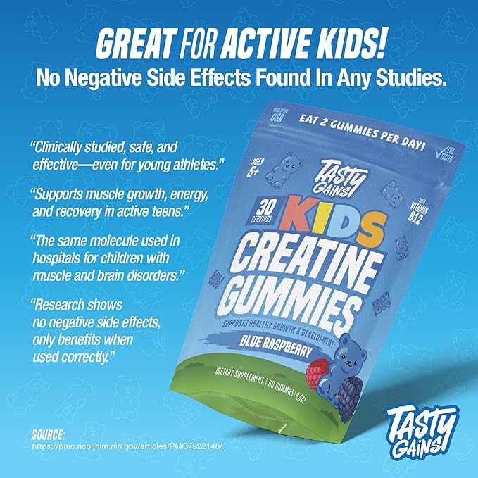 TASTY GAINS Kids Creatine Gummies with Vitamin B12 for Growth Support Kids Vitamin Gummies for Daily Nutrition Support Gummy Vitamins for Kids Easy Chew Supplement for Children