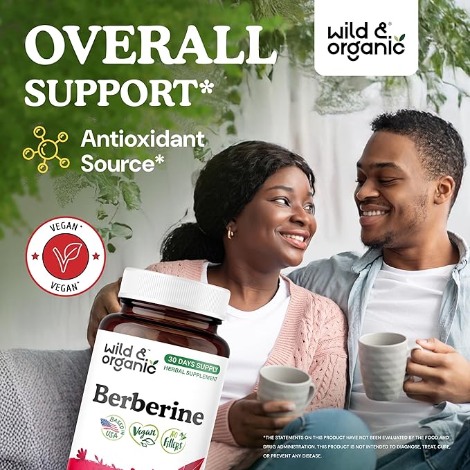 Wild &amp Organic Berberine Supplement Capsules 1000 mg - Antioxidant &amp Overall Support - Pure Berberine HCL Powder - Berberis Aristata Bark - Vegan No Fillers Non-GMO - 60 Count