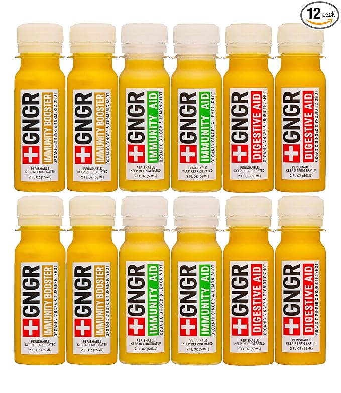 +GNGR 12 Shots Variety Pack of Organic Ginger Shots. Cold Pressed Preservative free. Ginger Juice Turmeric Root Lemon &amp Orange Juice Caynne Pepper. 2fl oz (Pack of 12)