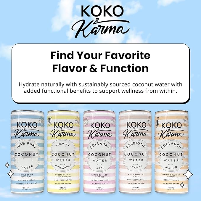 Koko &amp Karma - Collagen Coconut Water with Acai - Marine Collagen Peptides with No Preservatives and No Added Sugar - 12 Pack - 16.9 Ounce Cans