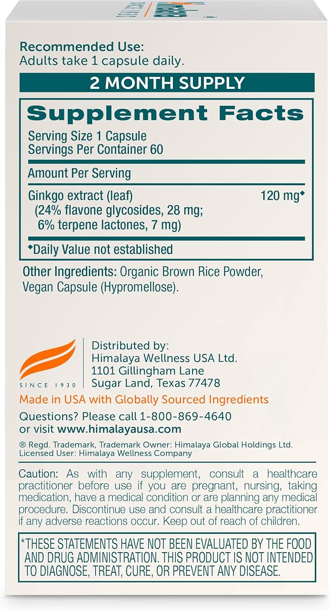 Himalaya Ginkgo Biloba 60 Day Supply - Herbal Brain Supplements for Memory and Focus Support - Vegan Gluten Free 120 mg 60 Capsules