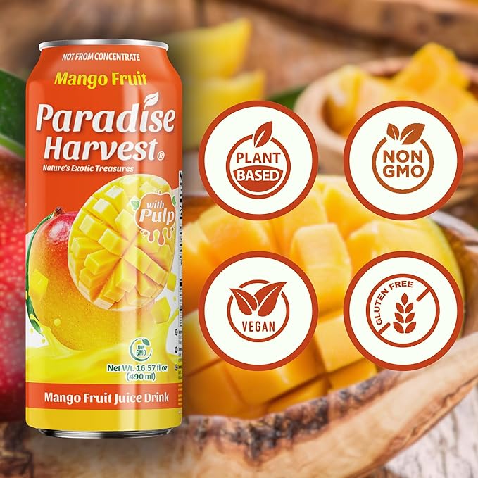 Paradise Harvest Mango Juice Drink with Pulp 55% Real Fruit Juice NFC 16.57 Fl Oz (490mL) Pack of 12
