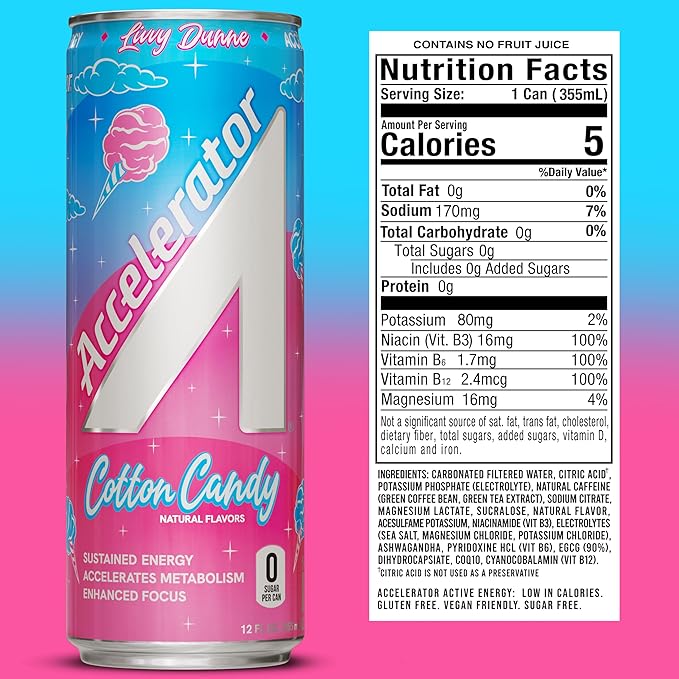 Accelerator Active Energy Drink Sugar Free Zero Carbs – Variety Pack &amp Cotton Candy 12oz Can (12 Pack Each) with 200mg Natural Caffeine Ashwagandha CoQ10 &amp Green Tea for Focus &amp Energy