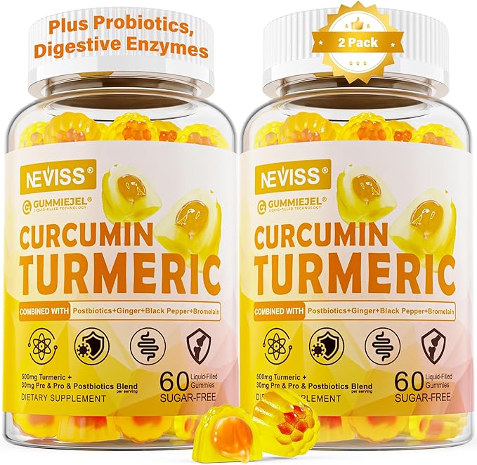 Sugar Free Turmeric Curcumin Filled Gummies 550mg for Adults Ginger &amp Black Pepper | 95% Curcuminoids w/Prebiotic Probiotic &amp Postbiotic Blend Support Immune &amp Digestive Health Vegan