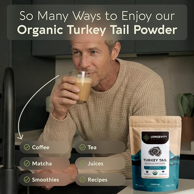 Organic Turkey Tail Mushroom Powder Supplement 10:1 Extract 100g | Trametes Versicolor 100% Fruiting Body | ≥30% Beta-D-Glucans | 60 Servings of 1660mg | Immune Gut &amp Digestive Wellness Support