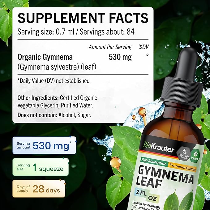 BIO KRAUTER® Gymnema Sylvestre - Liquid Drops Gymnema Sylvestre Extract 530 mg per Serving 2 Fl.Oz 28-Day Supply - Pure &amp Vegan Gurmar for Glucose Metabolism Support* - Alcohol &amp Sugar Free