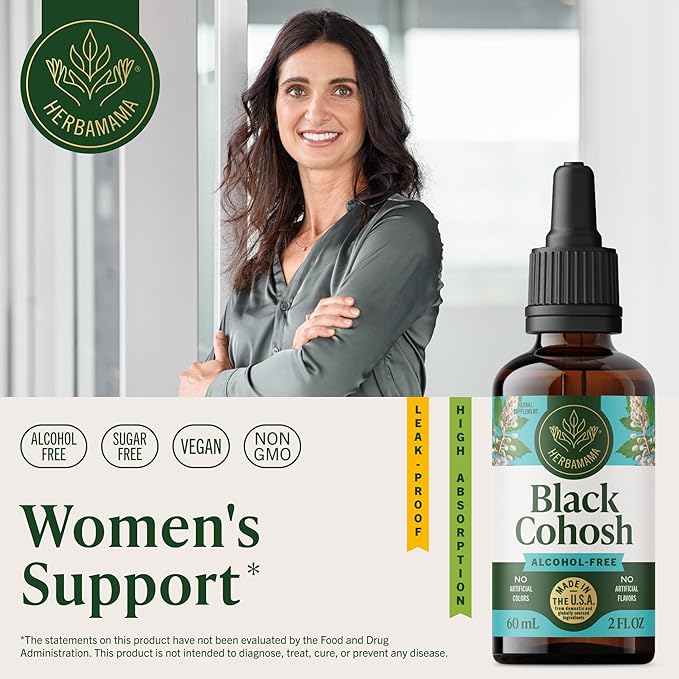 HERBAMAMA Black Cohosh Tincture - Vegan Women's Support with Black Cohosh Root Extract Drops - Non-GMO Alcohol &amp Sugar-Free Liquid Herbal Supplement 84-Day Supply