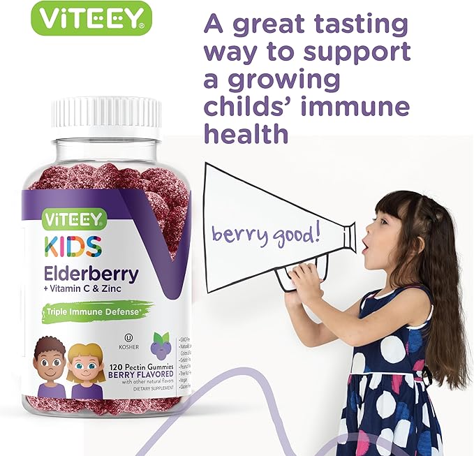 Viteey Sambucus Elderberry Gummies for Kids Immune Support Supplements with Zinc &amp Vitamin C 3-1 Immune Booster - Vegetarian Gelatin Free Gluten Free GMO Free - Tasty Chewable Berry Flavored