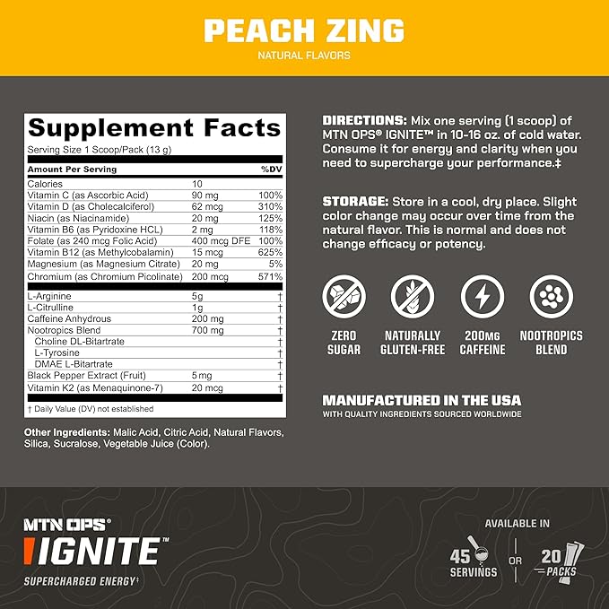 MTN OPS Ignite Sugar Free Energy Drink Powder with 200mg Caffeine Nootropic Blend for Energy Focus &amp Endurance L Arginine &amp L Citrulline Pre Workout 45 Servings Peach Zing