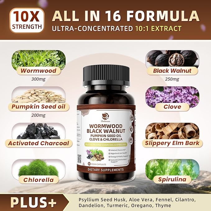 Lukaree Wormwood Black Walnut Cleanse for Human 1200mg – Ultra Gut Cleanse &amp Digestive Health w/Pumpkin Seed OilCloveActivated Charcoal -10X Concentrated Men &amp Women Probiotic Capsules -Veg
