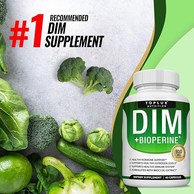 Dim Supplement 910 mg Plus BioPerine Complex - Diindolylmethane to Support Hormone Balance and Estrogen Metabolism Helps with Menopause Acne PCOS Better Skin Bodybuilding for Men Women 60 Capsules