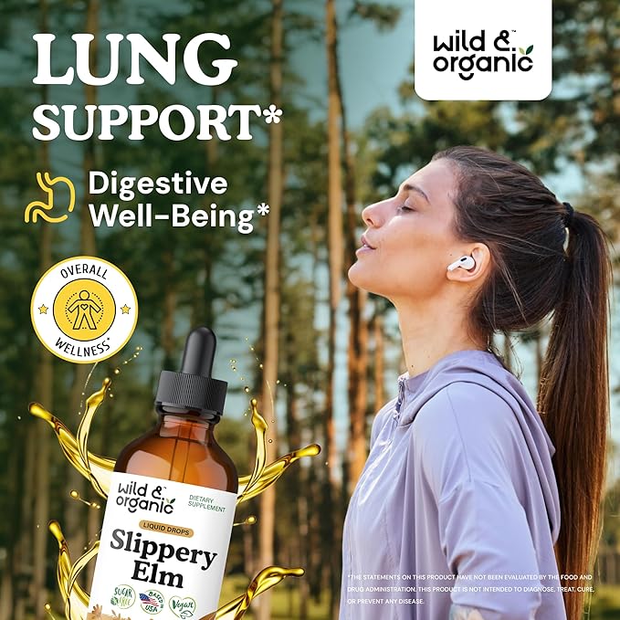 Wild &amp Organic Slippery Elm Liquid Drops - Lung Digestive &amp Women's Support - Slippery Elm Bark Supplement - Add to Tea Tincture - Ulmus Rubra Herb - Vegan Sugar &amp Alcohol-Free - 4 fl oz