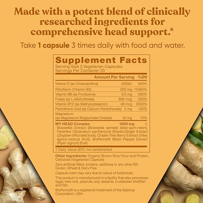 My Head! Headache Vitamins – Sensitivity Tension Comfort Healthy Head Function for A Clear Mind – Fast acting Magnesium Feverfew Boswellia Vitamin D Ginger &amp More – 60 Soft Capsules