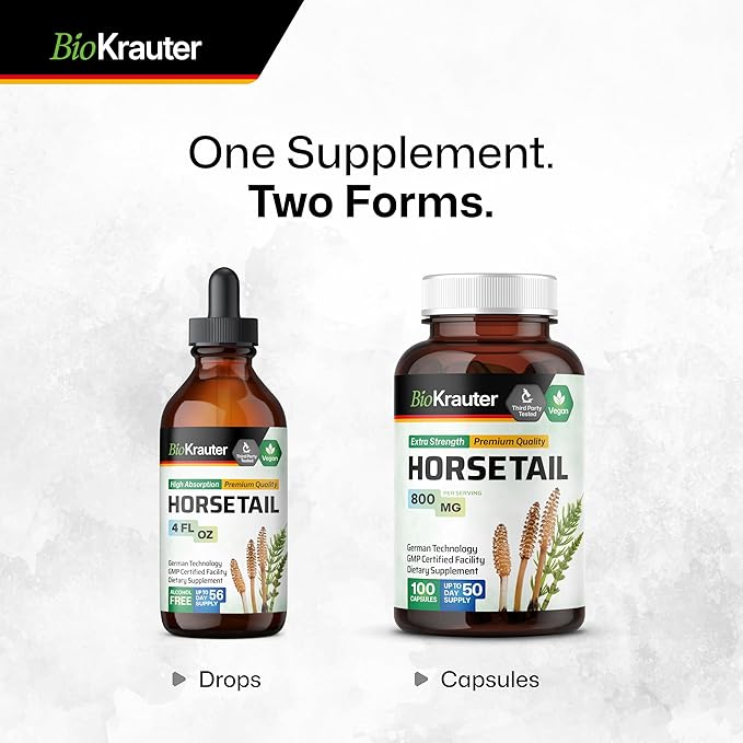 BIO KRAUTER® Horsetail Supplement for Hair Skin &amp Nails - Vegan &amp Pure Horsetail Herb Liquid Drops 660 mg per Serving 4 Fl.Oz. - Silica Hair Supplement - Alcohol &amp Sugar Free - 56 Days of