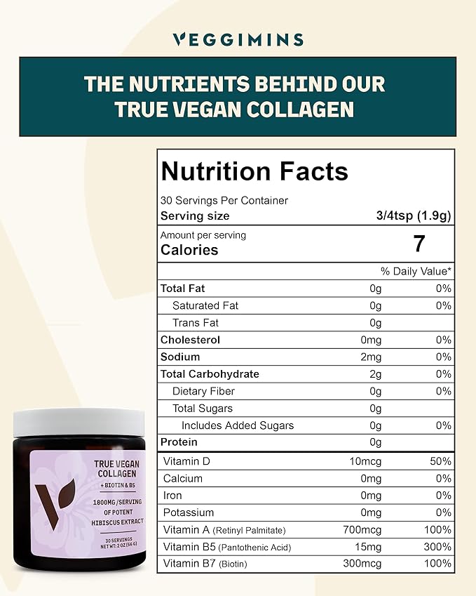 True Vegan Collagen - Antioxidant-Rich Supplement of Pure Organic Hibiscus Powder for Hair &amp Skin - Plant Based &amp Cruelty Free with Biotin &amp B5-2 oz 30 Servings per Bottle