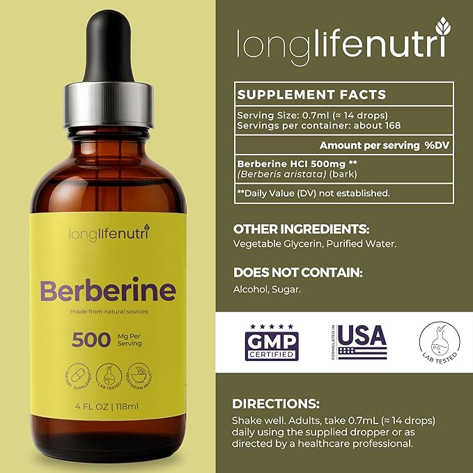 Berberine Liquid Drops - from Berberis Aristata Bark 4 FL OZ Organic Supplement for Gut Balance &amp Natural Energy Sugar-Free Extract Raspberry Flavor 5-Month Supply GMP Certified