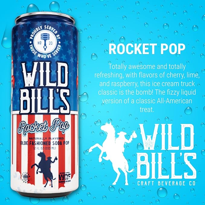 Wild Bill's Rocket Pop Soda Classic Craft Soda Pop Soft Drinks Sodas Made with Pure Cane Sugar Caffeine Free NO High Fructose Corn Syrup Gluten Free Vegan Low Sodium 12 Oz 12 Pack