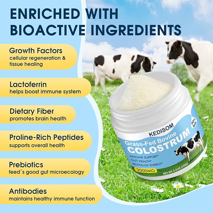 Grass-Fed Bovine Colostrum Supplement Powder - 60% High IgG 3000 mg for Gut Health Immune Support - Easy to Mix Natural Liposomal Colostrum Superfood Unflavored 50 Servings