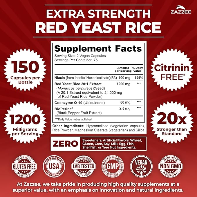 Extra Strength Red Yeast Rice with CoQ10 - 20X Concentrated 1200mg Red Yeast Rice Supplement with Niacin CoQ 10 and BioPerine for Enhanced Absorption - Non-GMO Vegan &amp ISO Lab Tested (75 Servings)