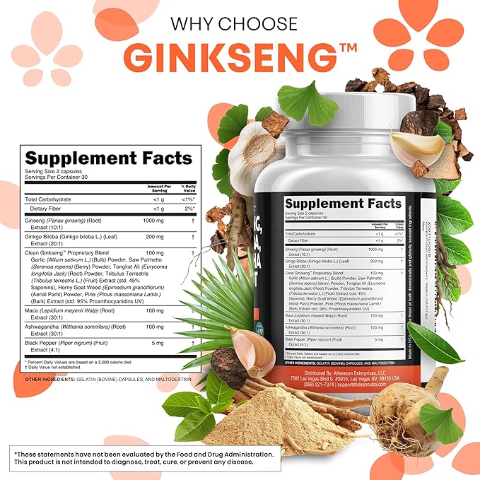 Clean Nutraceuticals Panax Ginseng Ginkgo Biloba Ashwagandha Maca Root - Focus Supplement Pills for Women and Men with Pine Bark Extract Garlic and Saw Palmetto - 60 Caps