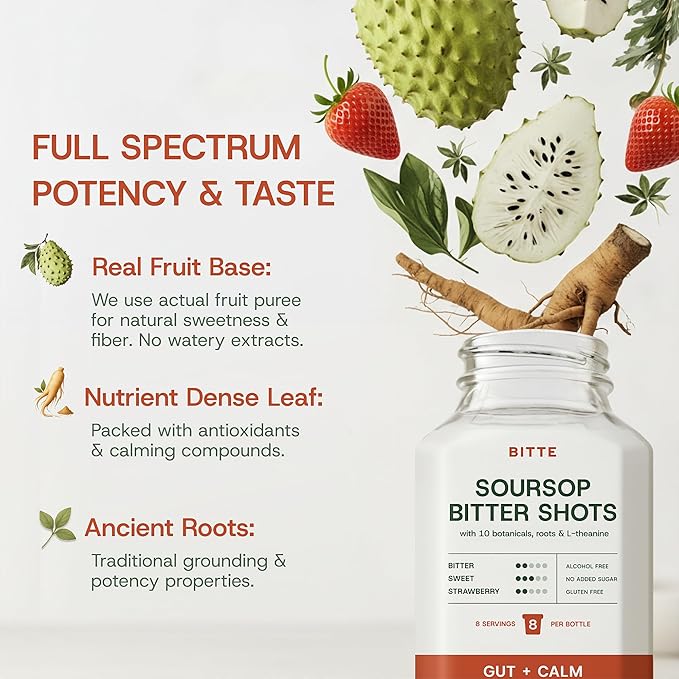 bitte Strawberry Soursop Digestive and Calm Shot 3 Pack - Ready to Drink Herbal Blend with Ginger and Chamomile - Vegan Zero Sugar and Gluten Free - 3 x 16 Fl Oz Bottles