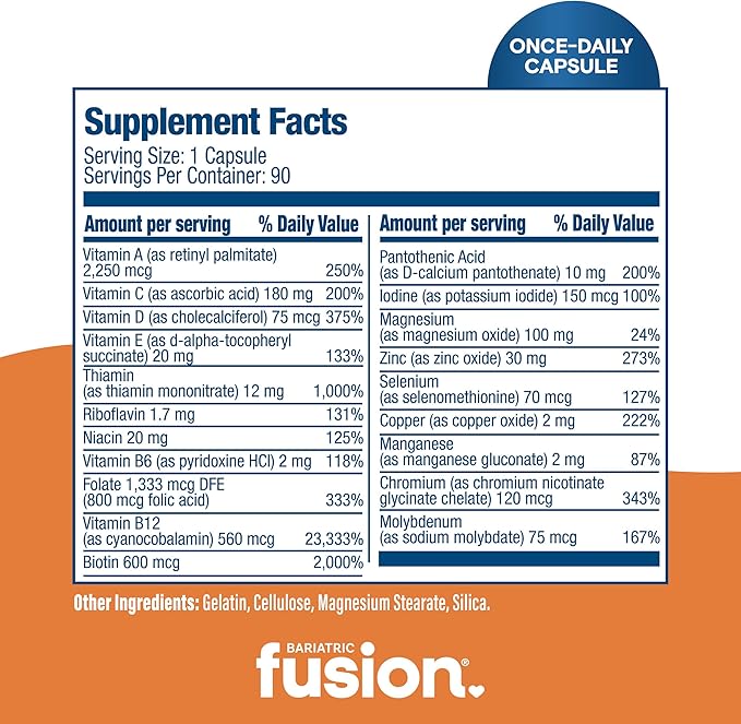 Bariatric Fusion Bariatric Multivitamin Without Iron | 1 Per Day | Post Surgery Patients | Iron Free Vitamin for Gastric Bypass and Sleeve Gastrectomy | Easy to Swallow Capsules | Three Month Supply