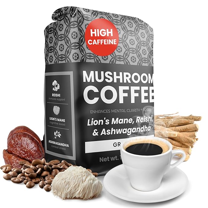 Moontower High-Caffeine Mushroom Coffee - Organic Lions Mane Reishi and Ashwagandha Adaptogen Mushroom Blend Nicaragua Arabica Beans - Boosted Energy Mental Clarity &amp Relaxation (12 oz)