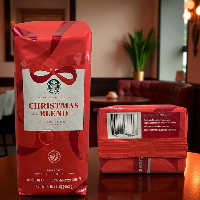 Starbucks Christmas Blend Whole Bean Coffee 16oz Dark Roast 100% Arabica Rich Spiced Chocolate &amp Spruce Notes Limited Holiday Edition Bold Festive Flavor from Sumatra &amp Latin America