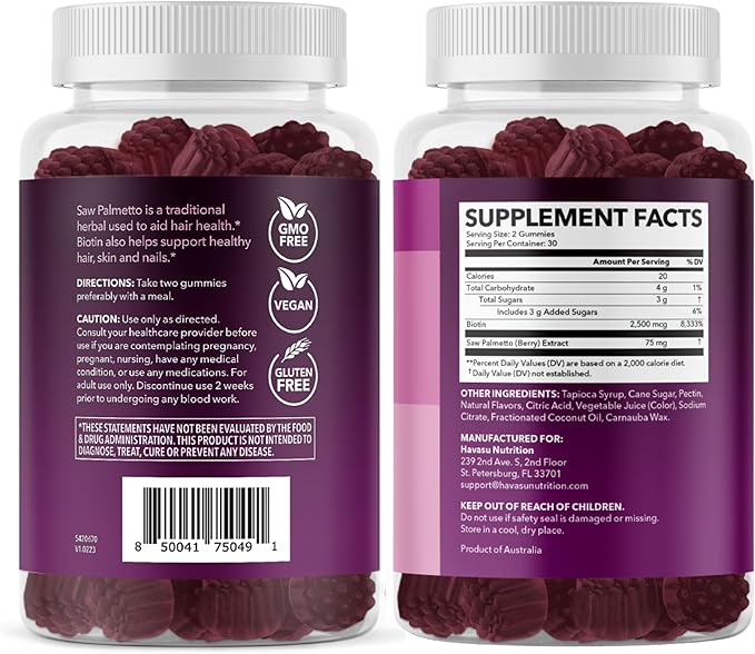 Saw Palmetto for Women with 2500mcg Biotin - DHT Blocker and Hair Skin Nail Health Gummies - 60 Count - Supports Stronger and Fuller Looking Locks and Radiant Skin - Vegan Non-GMO 1 Month Supply