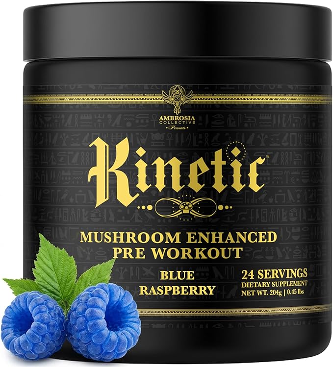 Ambrosia Kinetic - Organic Pre Workout Powder | Mushroom-Enhanced Natural Pre Workout | Nootropic Superfood Powder for Clean Energy Focus Recovery | 24 Servings | Blue Raspberry