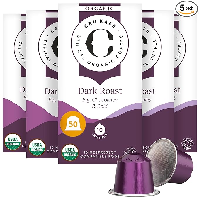 Cru Kafe Dark Roast USDA Organic Espresso Coffee Capsules (50 Pods) Fairtrade Coffee Pods Compatible with Nespresso Original Line and Pixie Machines