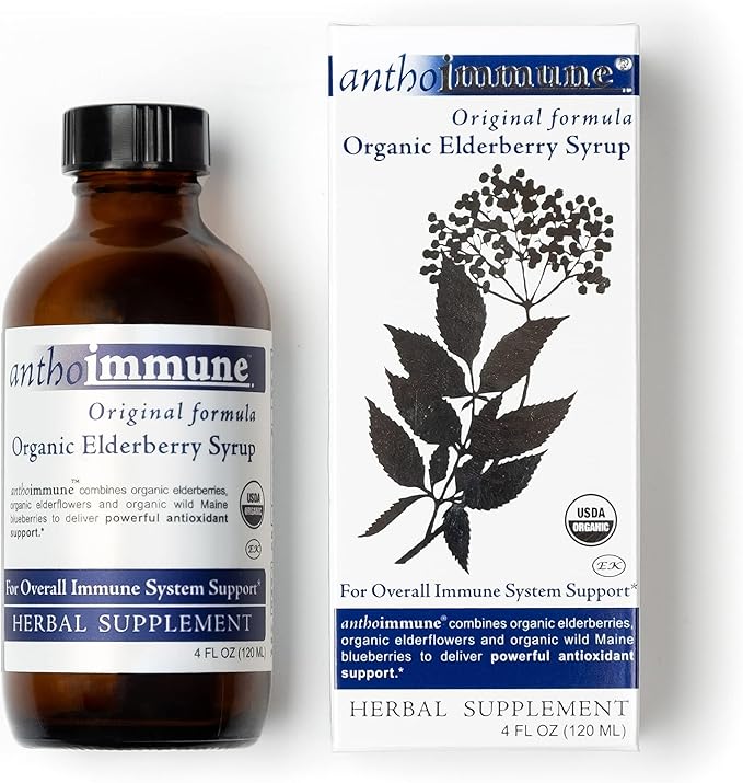 Organic Elderberry Syrup - Anthoimmune - Immune Support Supplement for Adults and Kids- USDA Organic Ultra-Premium Black Elderberry Formula (4 oz) 24 Servings