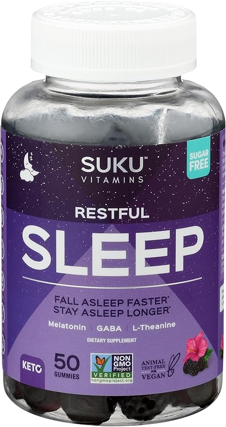 SUKU Restful Sleep Gummies – 3 mg Melatonin L-Theanine &amp GABA – Vegan Sugar-Free Chewable for Relaxation &amp Natural Sleep Support – BlackBerry-Hibiscus Flavor – Non-GMO Gluten-Free – 50 Coun