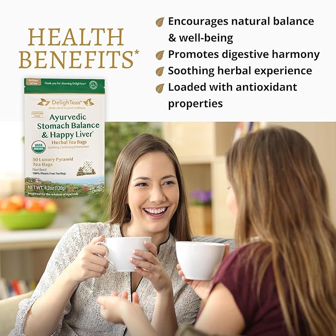 DelighTeas Ayurvedic Herbal Stomach &amp Liver Tea Bags | Eco-Friendly Compostable Pyramids | Organic Milk Thistle Fennel Ginger Peppermint &amp Licorice | Caffeine-Free Kosher | 30 Tea Bags 4g