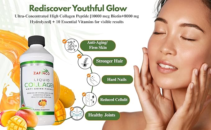 Best liquid collagen (mango flavor) US made &amp Lab tested sugar free premium peptides for women &amp men. powerful 10000 mcg Biotin+ 8000 mg hydrolyzed for anti aging glowing skin hair nail+ join