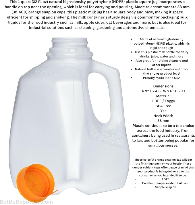 FIJIAN MADE 32 Oz Plastic Jugs (6 PACK) 1-Quart / 32-Ounce Bottles with Orange Snap On Caps – Great for Homemade Juices Milk Smoothies Tea and Other Beverages - Food Grade BPA Free