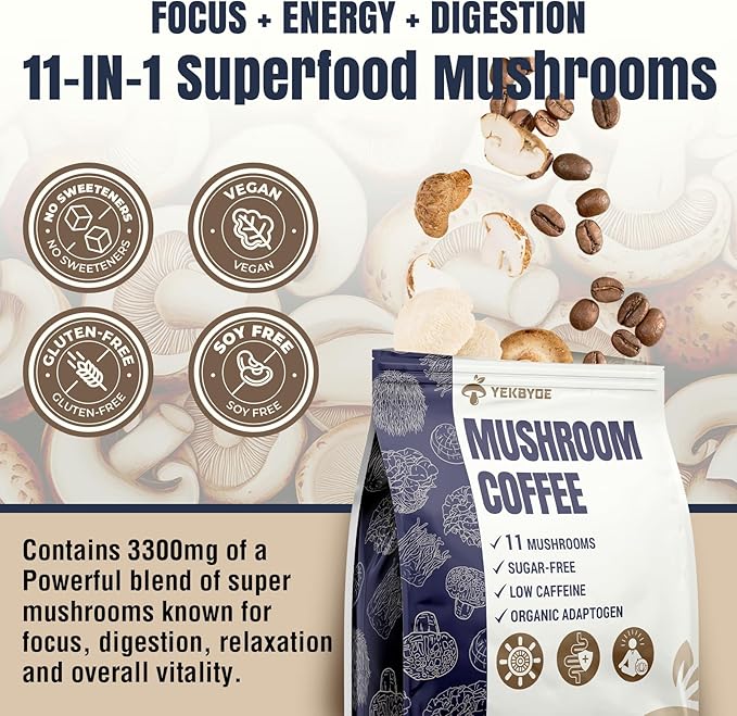 Mushroom Coffee 11 Superfood Mushrooms includes Lion's Mane Reishi Chaga &amp Ashwagandha Instant Mushroom Coffee Organic for Energy Memory Digestion &amp Detox Low Caffeine &amp Sugar Free