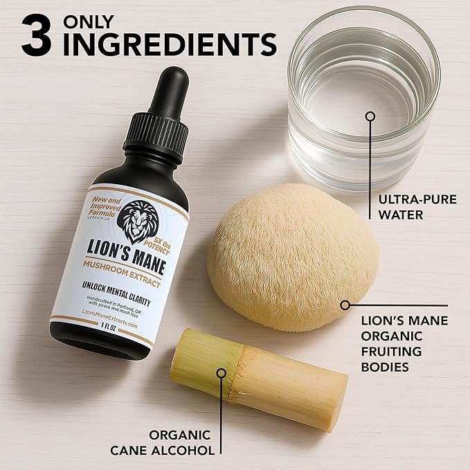Lion's Mane Extract Mushroom Tincture - Focus Memory &amp Clarity Support - 1 oz Lion’s Mane Supplement Liquid Extract | Dual-Extracted from USA-Grown Fruiting Bodies Mushroom Drops Nootropic