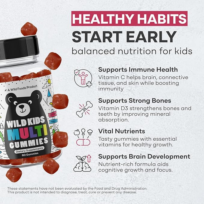 Wild Foods Kids Multivitamin Gummies – Natural Skin Immune &amp Bones Support with Kids Vitamins A C D E B12 Iron &amp DHA – Probiotics &amp multivitamin for Growth – 60 Flavored Gummies