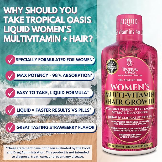 Tropical Oasis Women's Liquid Multivitamin + Hair Growth | Clinically Tested for Thicker Hair Wrinkles Brighter Skin Strong Nails | 2.5g Verisol Collagen | Biotin 12500mcg | 32 Serv