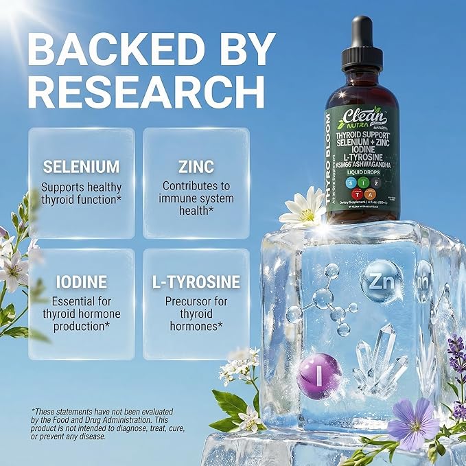 Clean Nutra Thyroid Support Drops Selenium Zinc Iodine L Tyrosine KSM66 Ashwagandha Vitamin D3 B12 A C Turmeric Kelp Schisandra Guggul Cayenne Basil Liquid Supplement Folate Copper Thyro Bloom Drop