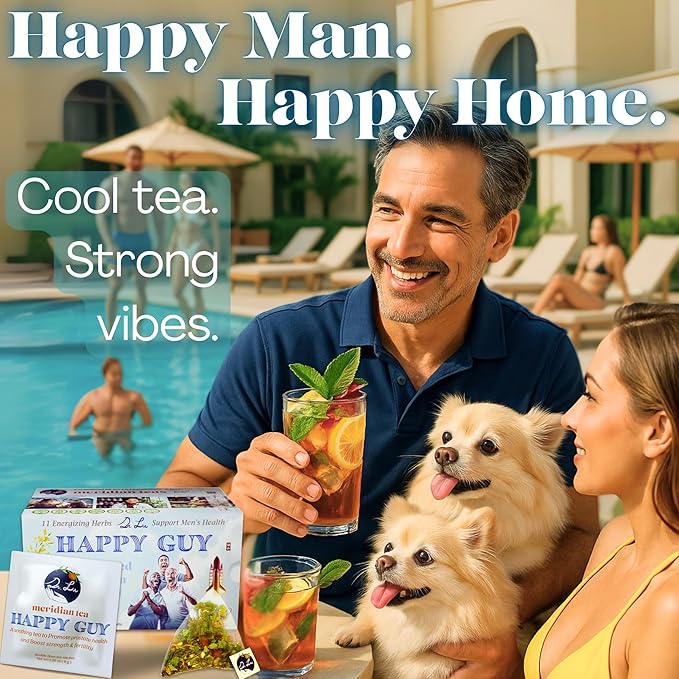 Dr. Lu’s Happy Tea for Guy | 100% Natural Energy Tea for Men | Supports Prostate Vitality &amp Fertility | 11-Herb Blend with Maca Corn Silk &amp Hibiscus in Corn Fiber Tea Bags Made in USA