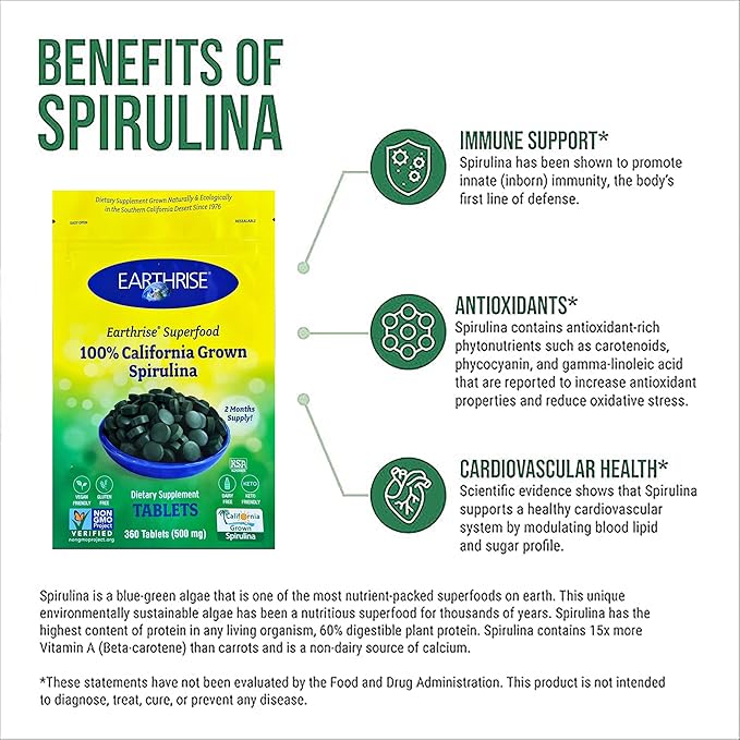 Earthrise Superfood 100% California Grown Spirulina 500mg Tablets (360 Count) Natural Premium Spirulina Vegan Gluten Free Keto Friendly Non -GMO High in Vitamins &amp Minerals