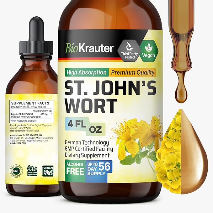 BIO KRAUTER® St Johns Wort for Calm &amp Mood Support - Vegan St. John's Wort for Relaxation &amp Emotional Wellness Support - Calm Drops 4 Fl.Oz. 56-Day Supply Alcohol &amp Sugar Free Herbal Sup