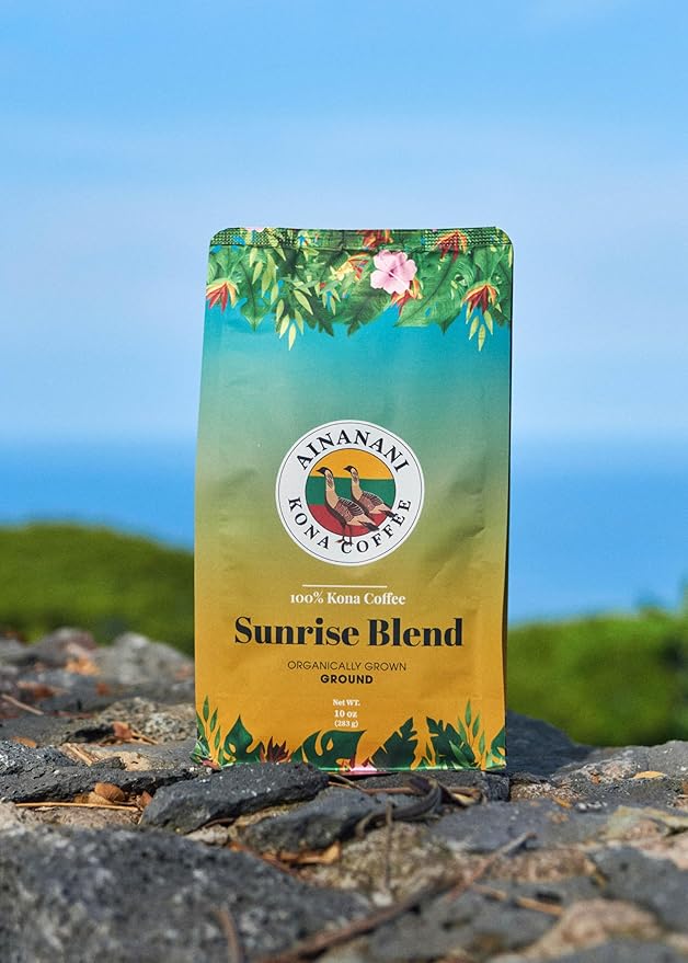 Sunrise Blend - Ainanani Kona Coffee Single Estate Organically Grown Light Roast Ground 100% Kona Coffee 10 Ounce (Pack of 1)