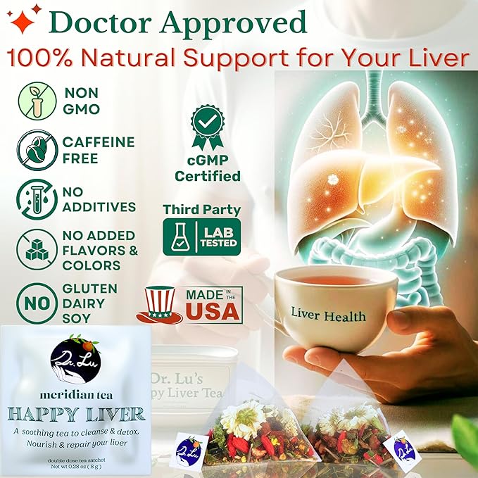 Dr. Lu’s Happy Liver Tea | 100% Natural Liver Cleanse Detox &amp Repair Tea Made in US | 11-Flavor Milk Thistle Turmeric Chrysanthemum Licorice Root Dandelion Root tea Blend for Liver Support